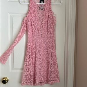 Pink long sleeve cold shoulder Lace Dress with a cut out in the back